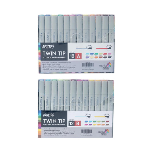 BRUSTRO Twin Tip Alcohol Based Marker | Basic Set of 12 A & 12 B in Crossline PP See Through Box | Broad 1-7mm line, Fine 0.7mm| Ideal for doodle, Smudge-Proof, Waterproof, Graffiti, Comic Artist, mandala.