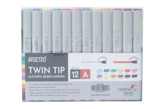 BRUSTRO Twin Tip Alcohol Based Marker Set of 12 - Basic A in Crossline PP See Through Box