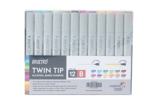 BRUSTRO Twin Tip Alcohol Based Marker Set of 12 - Basic B in Crossline PP See Through Box