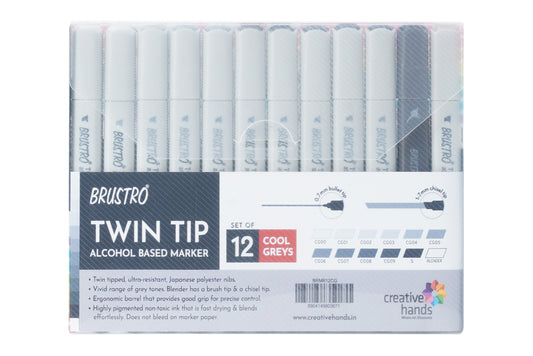 BRUSTRO Twin Tip Alcohol Based Marker Set of 12 - Cool Greys in Crossline PP See Through Box