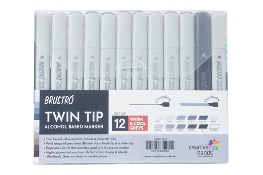 BRUSTRO Twin Tip Alcohol Based Marker Set of 12 Cool & Warm Grey Shades in Crossline PP See Through Box