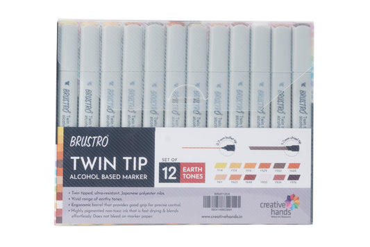 BRUSTRO Twin Tip Alcohol Based Marker Sets Earth Tone (12) in Crossline PP See Through Box