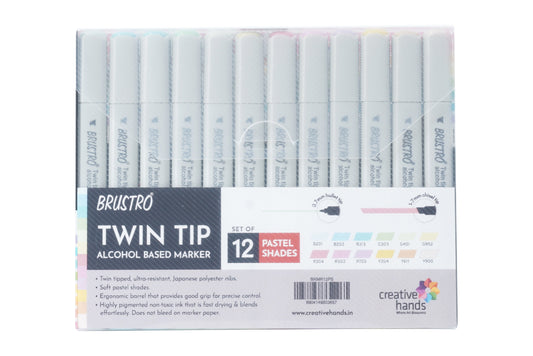 BRUSTRO Twin Tip Alcohol Based Marker Set of 12 - Pastel Tones in Crossline PP See Through Box