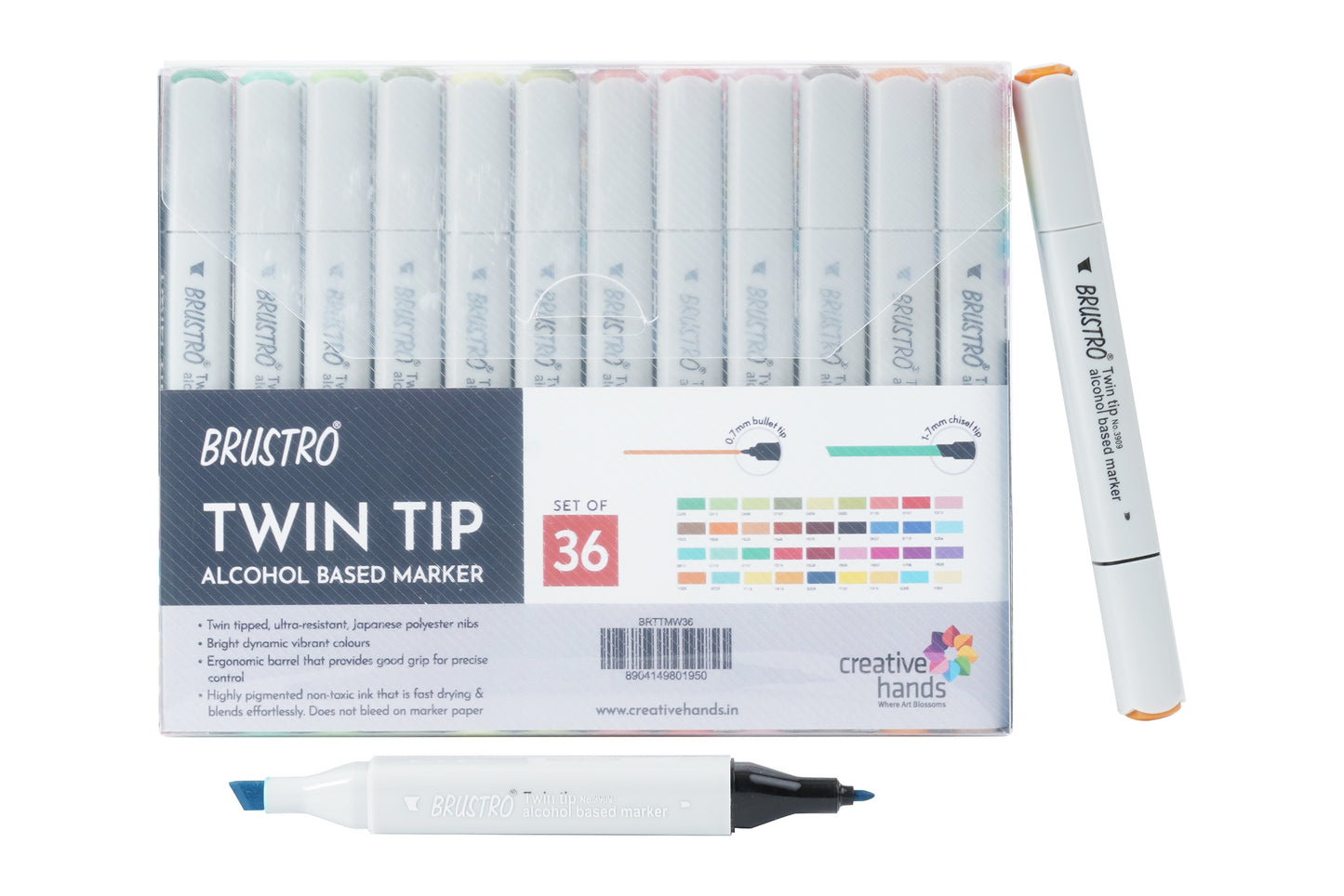 Brustro Twin Tip Alcohol Based Marker Sets (Set of 36 Basic) in Crossline PP See Through Box