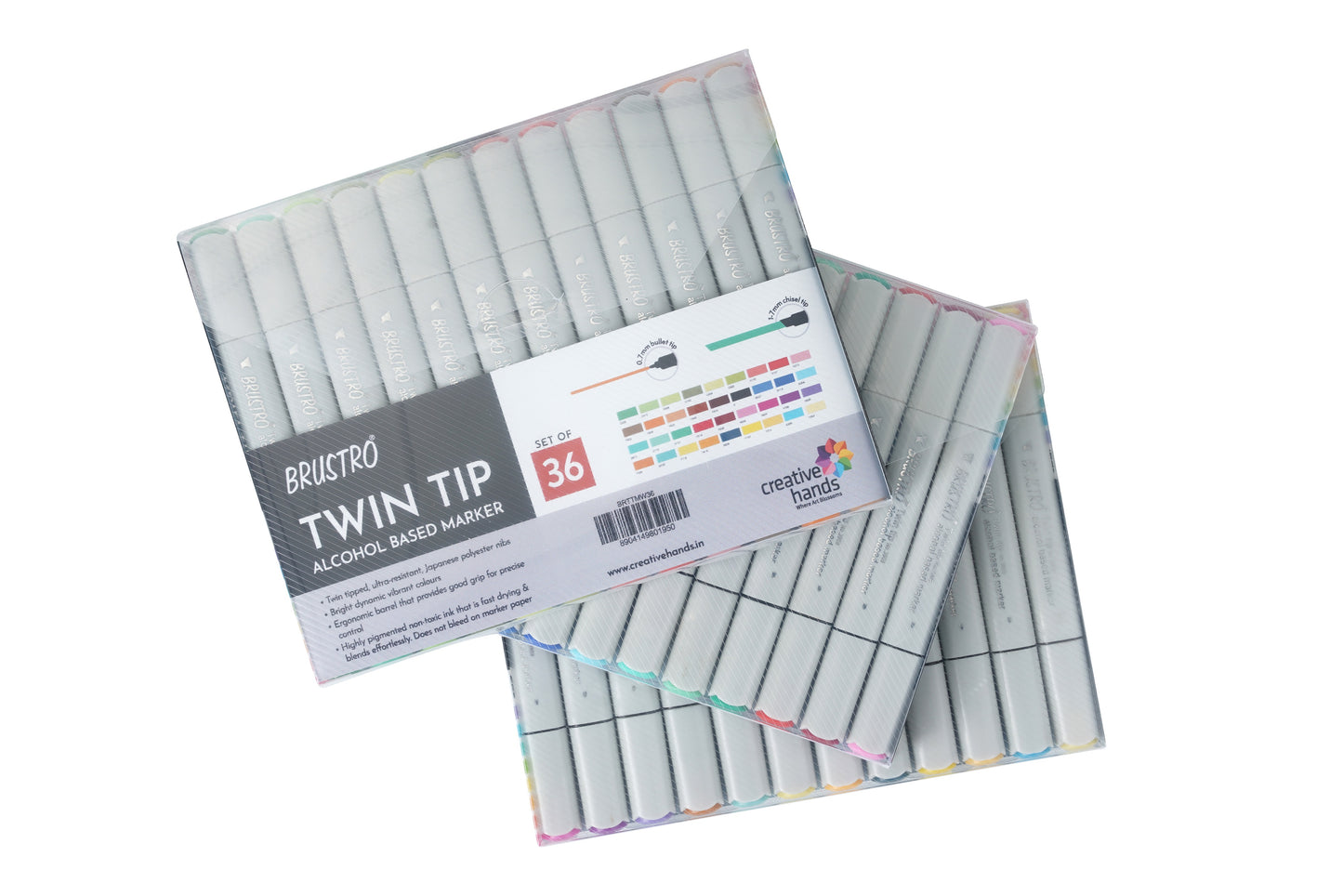 Brustro Twin Tip Alcohol Based Marker Sets (Set of 36 Basic) in Crossline PP See Through Box