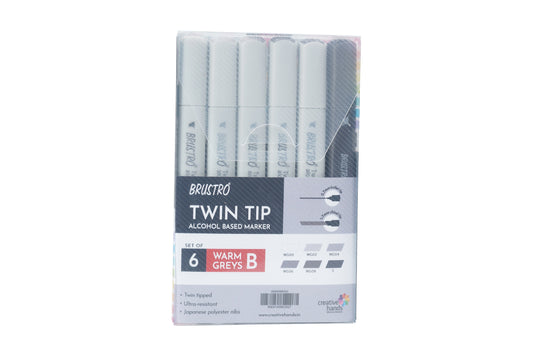 BRUSTRO Twin Tip Alcohol Based Marker Set of 6 - Warm Greys Set B in Crossline PP See Through Box