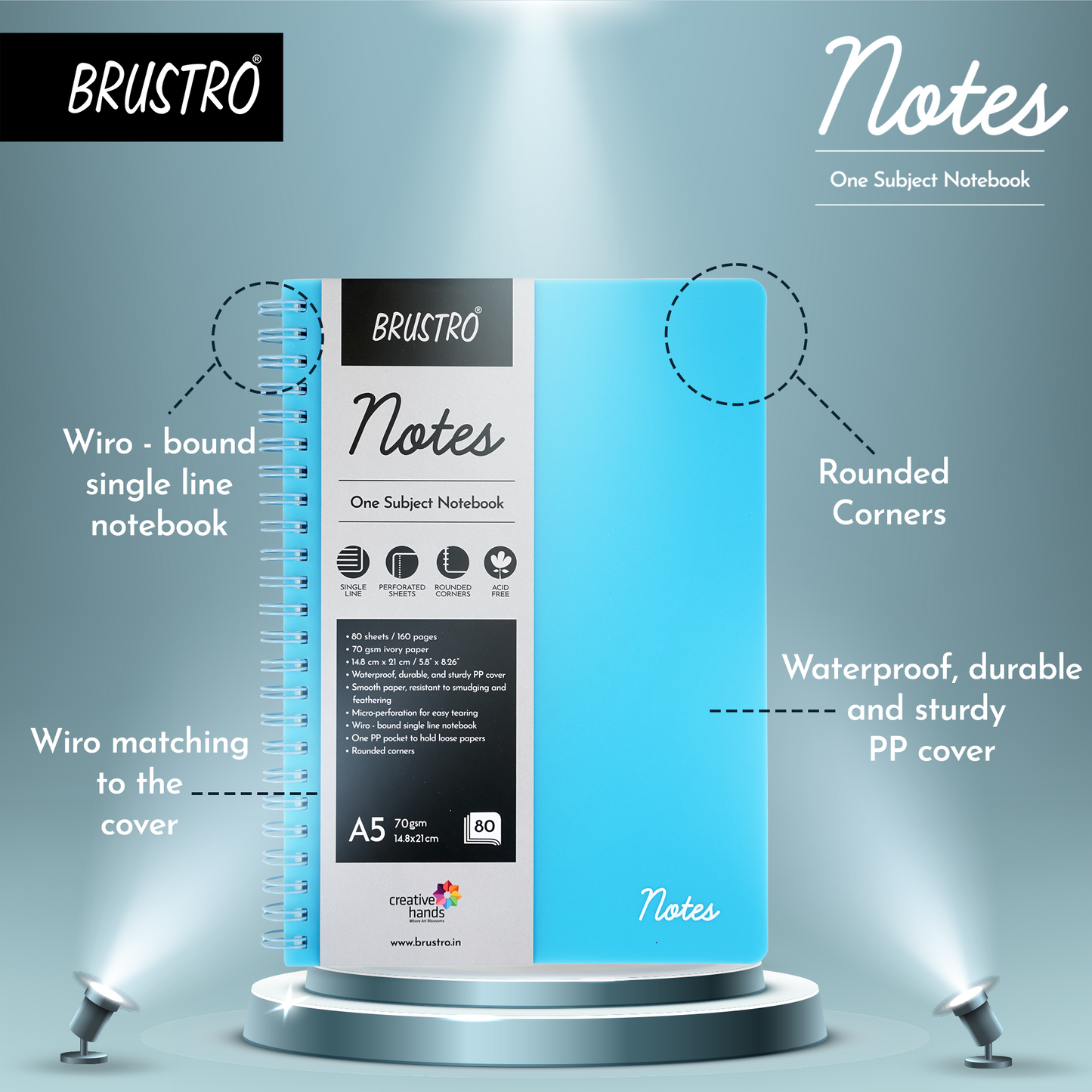BRUSTRO Notes A5 Size, 1 Subject Ruled Notebook, 80 sheets / 160 pages, 70 gsm ivory paper, Aqua Cover, Wiro Bound Design