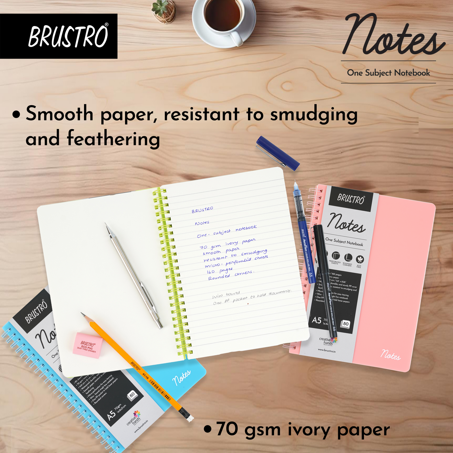 BRUSTRO Notes A5 Size, 1 Subject Ruled Notebook, 80 sheets / 160 pages, 70 gsm ivory paper, Aqua Cover, Wiro Bound Design