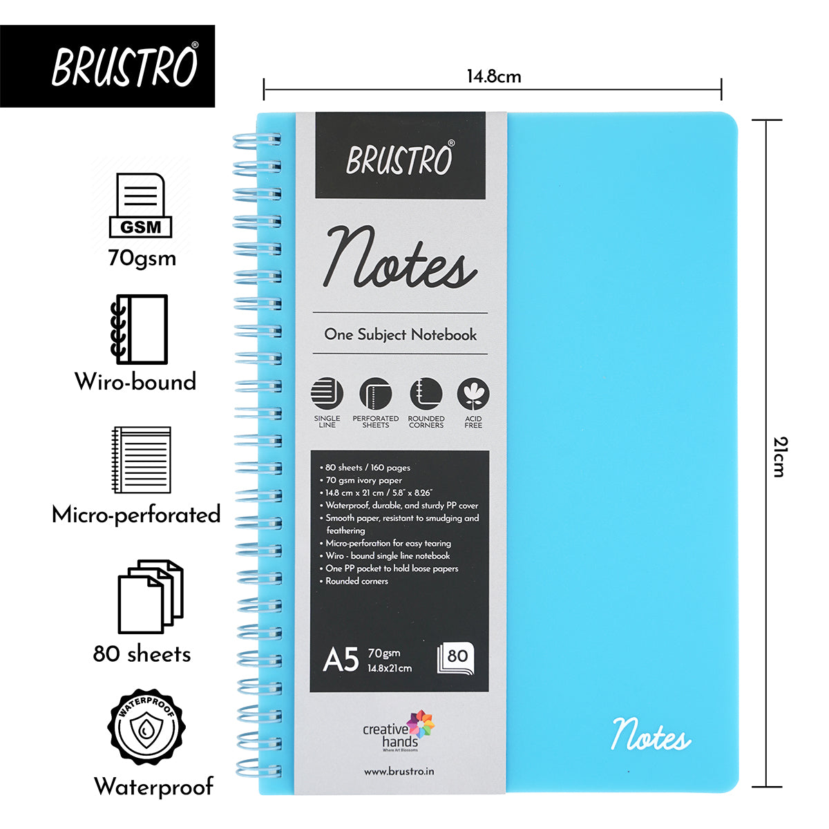 BRUSTRO Notes A5 Size, 1 Subject Ruled Notebook, 80 sheets / 160 pages, 70 gsm ivory paper, Aqua Cover, Wiro Bound Design