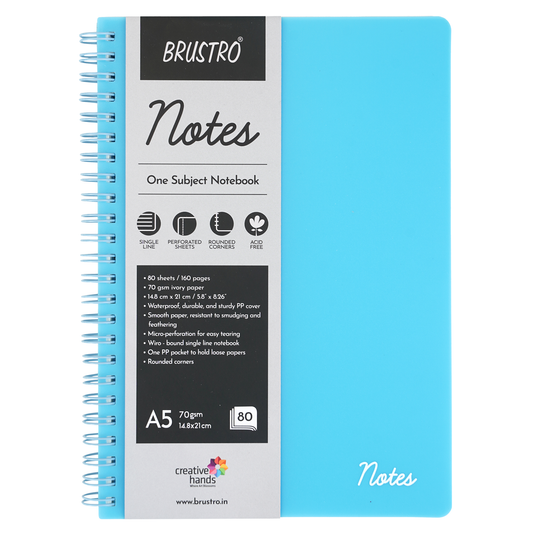 BRUSTRO Notes A5 Size, 1 Subject Ruled Notebook, 80 sheets / 160 pages, 70 gsm ivory paper, Aqua Cover, Wiro Bound Design