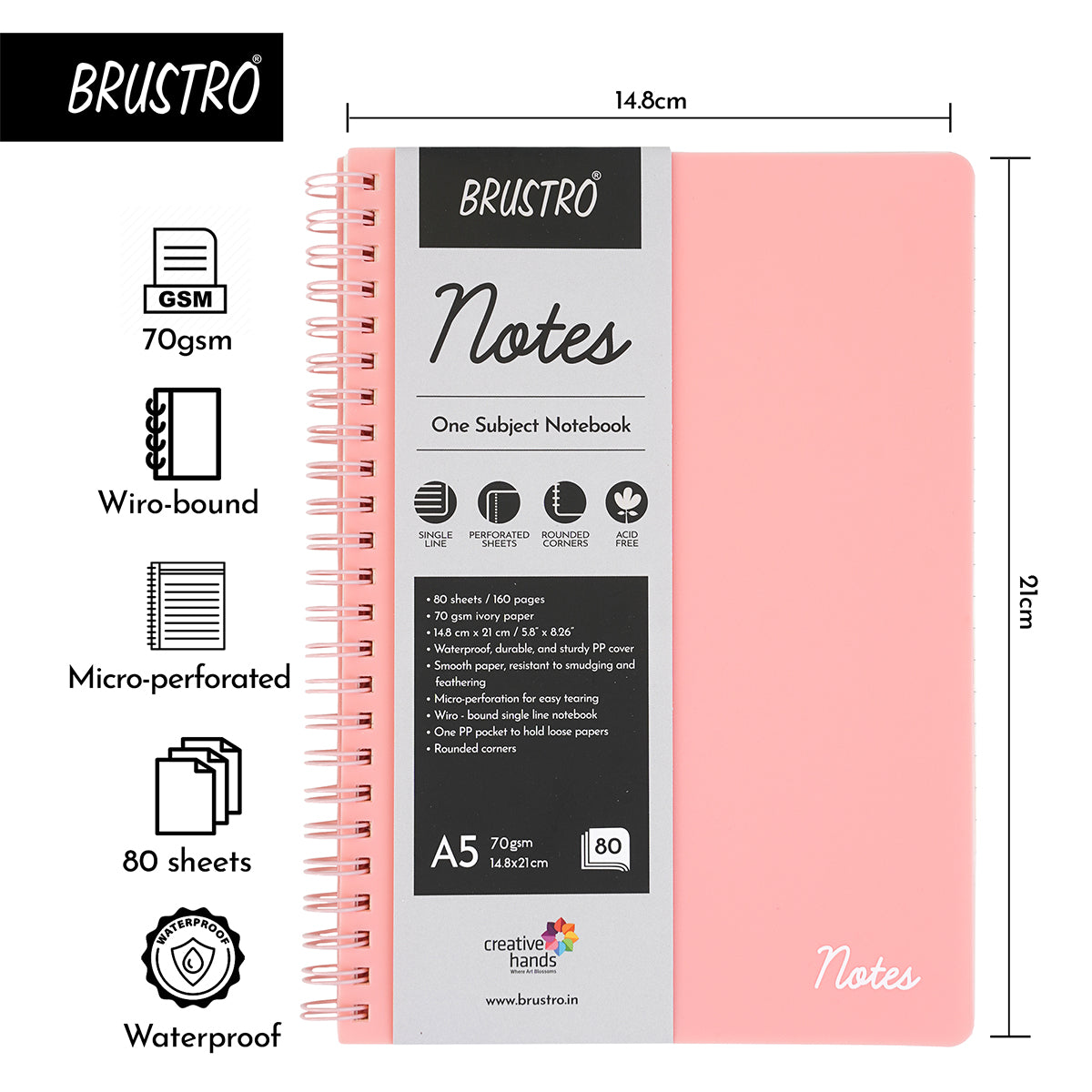 BRUSTRO Notes A5 Size, 1 Subject Ruled Notebook, 80 sheets / 160 pages, 70 gsm ivory paper, Blush Cover
