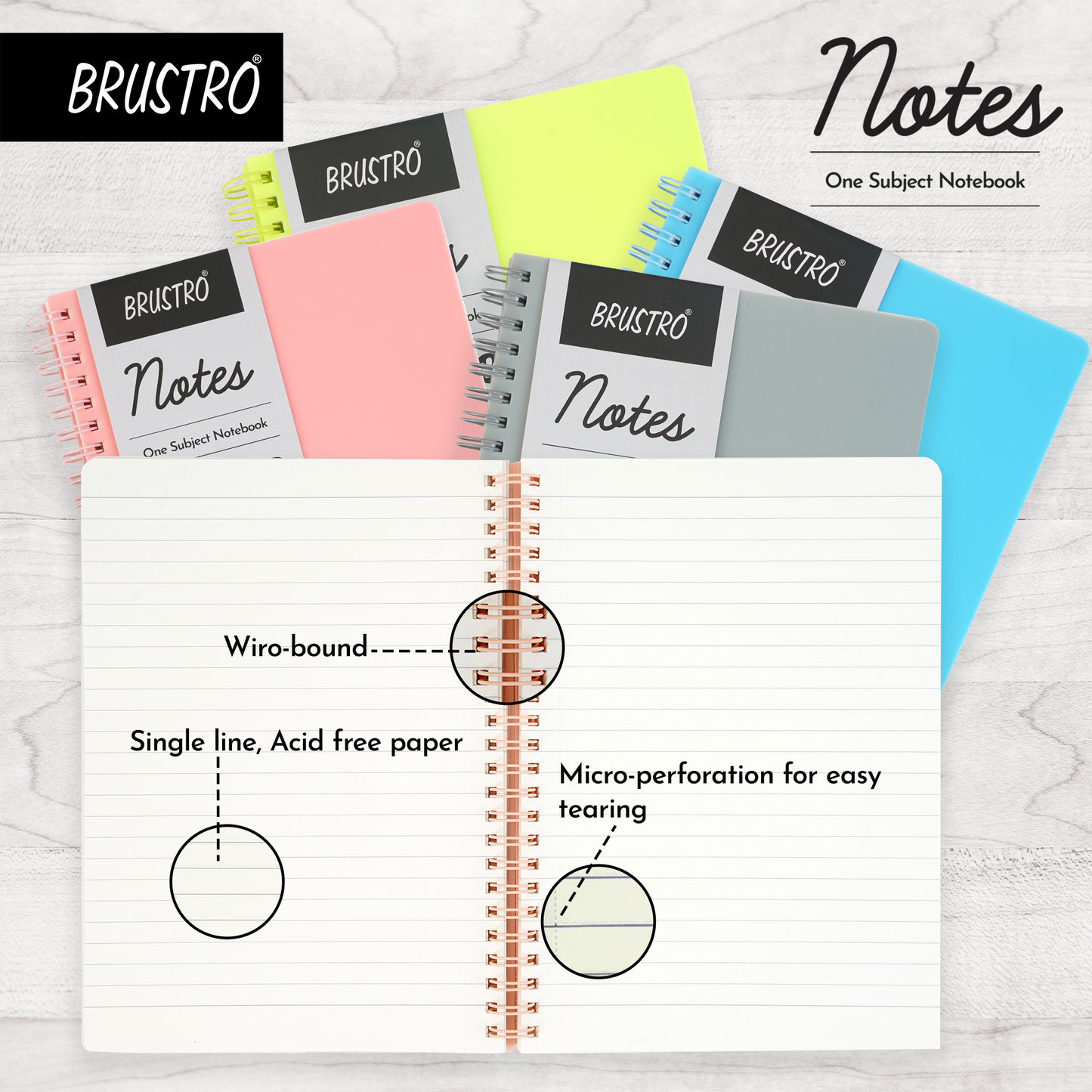 BRUSTRO Notes A5 Size,1 Subject Ruled Notebooks (Set of 5),80 sheets/160 pages,70 gsm ivory paper, Caramel/Aqua/Lime/Blush/Slate Cover,