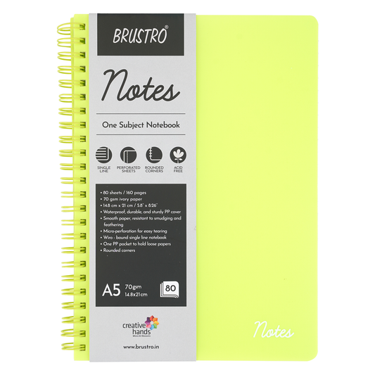 BRUSTRO Notes A5 Size, 1 Subject Ruled Notebook, 80 sheets / 160 pages, 70 gsm ivory paper, Lime Cover,