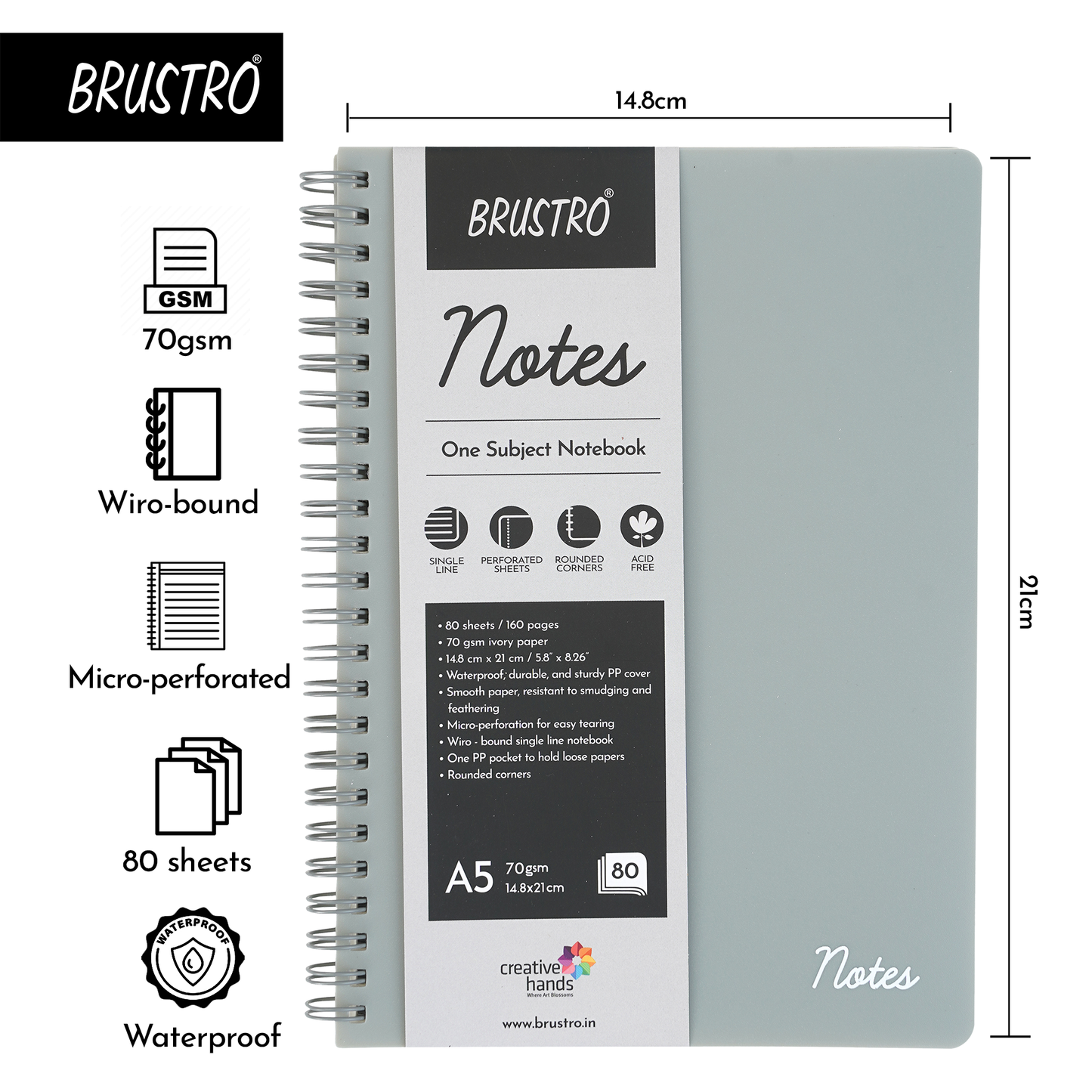 BRUSTRO Notes A5 Size, 1 Subject Ruled Notebook, 80 sheets / 160 pages, 70 gsm Ivory paper, Slate Cover