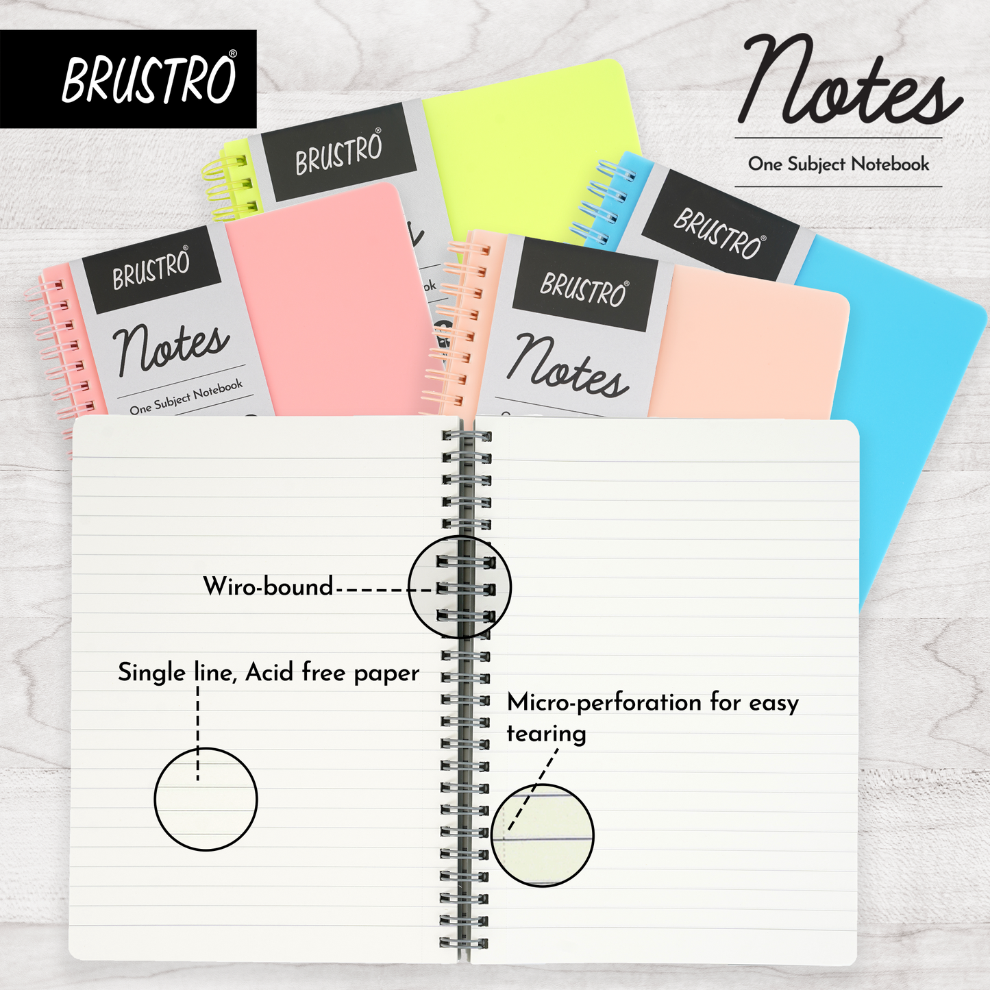 BRUSTRO Notes A5 Size, 1 Subject Ruled Notebook, 80 sheets / 160 pages, 70 gsm ivory paper, Aqua Cover, Wiro Bound Design