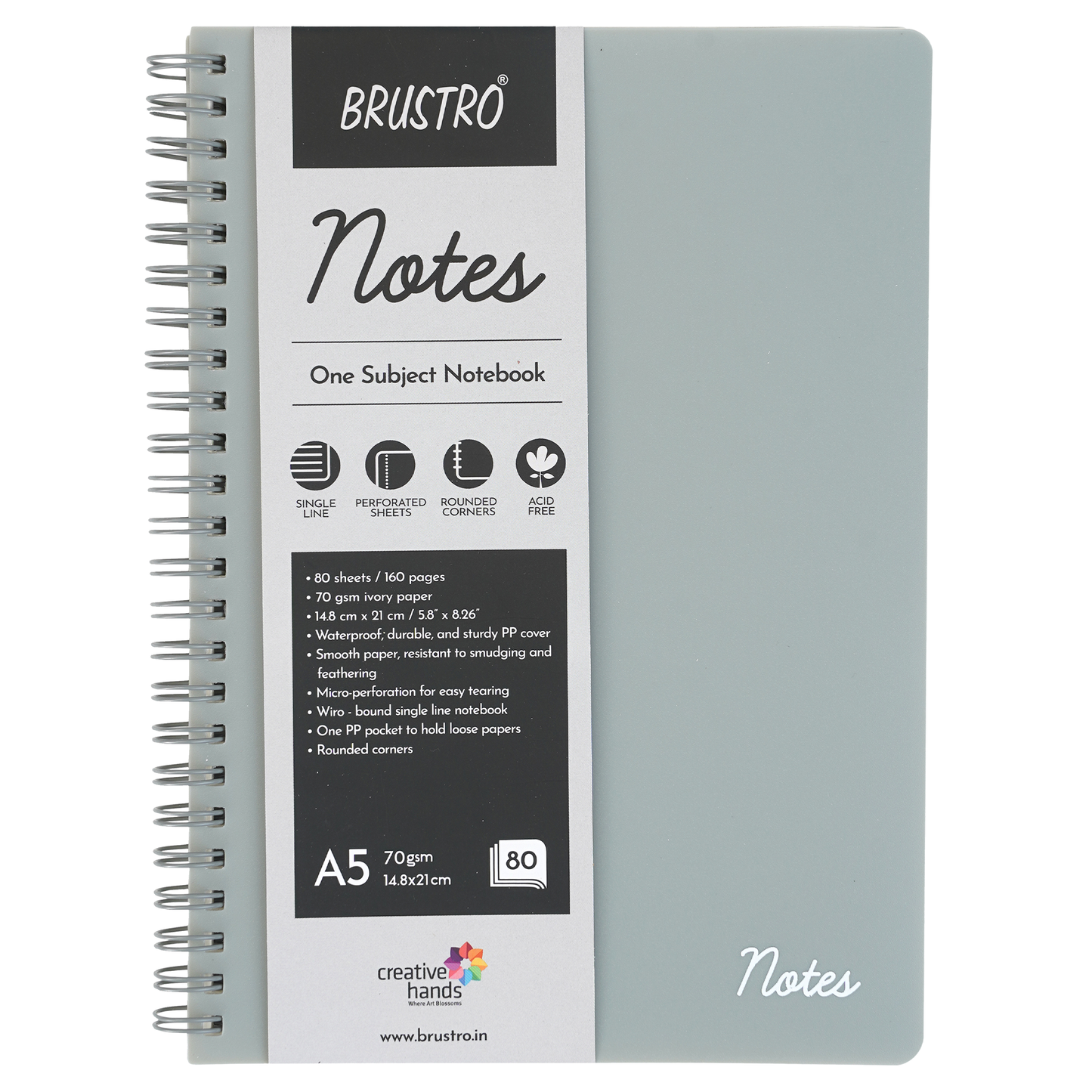 BRUSTRO Notes A5 Size, 1 Subject Ruled Notebook, 80 sheets / 160 pages, 70 gsm Ivory paper, Slate Cover
