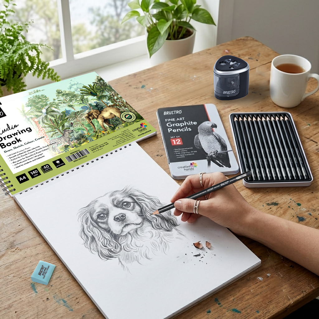 BRUSTRO Artists Fineart Graphite Pencil Set of 12(10B-2H) with Elegant Tin Box With Studio Drawing Book,Blank 80 Pages, Wiro Bound, A4(8.3x11.7 inches), 140 GSM,Perforated Sheets|For Sketching,Writing