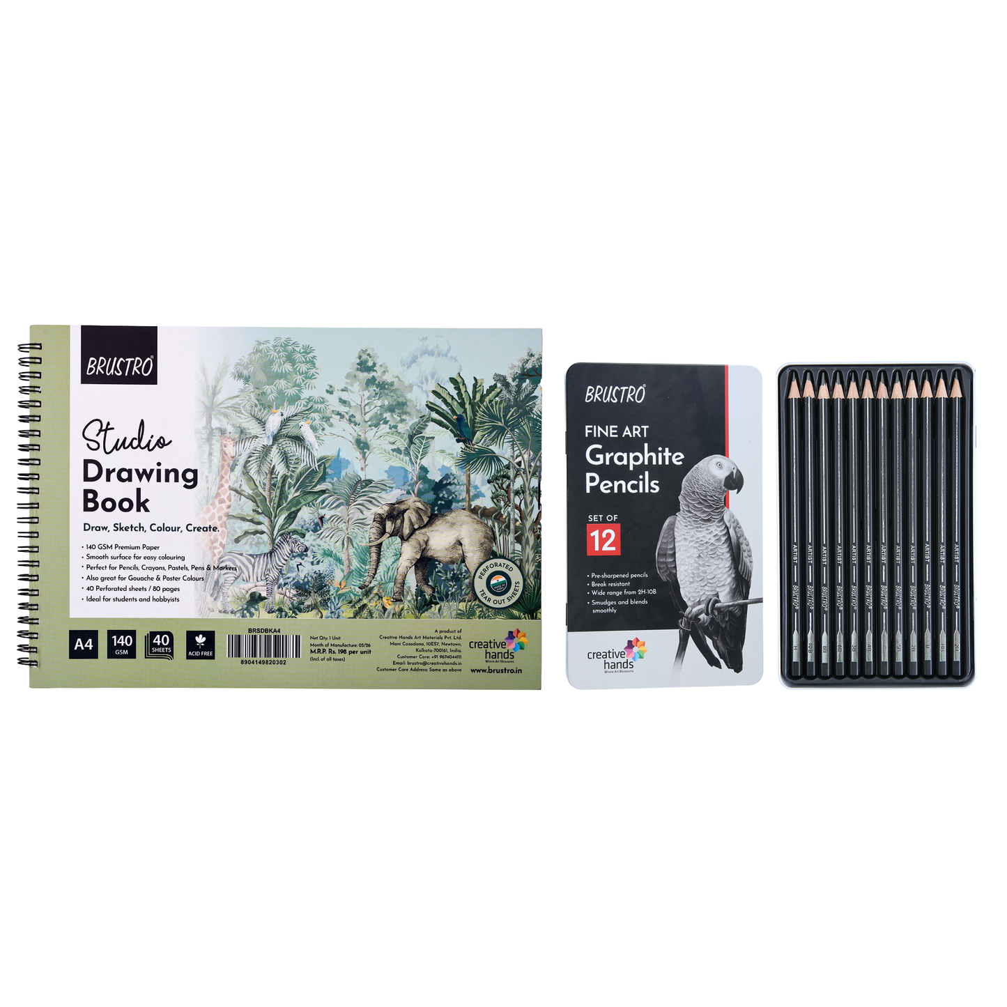 BRUSTRO Artists Fineart Graphite Pencil Set of 12(10B-2H) with Elegant Tin Box With Studio Drawing Book,Blank 80 Pages, Wiro Bound, A4(8.3x11.7 inches), 140 GSM,Perforated Sheets|For Sketching,Writing