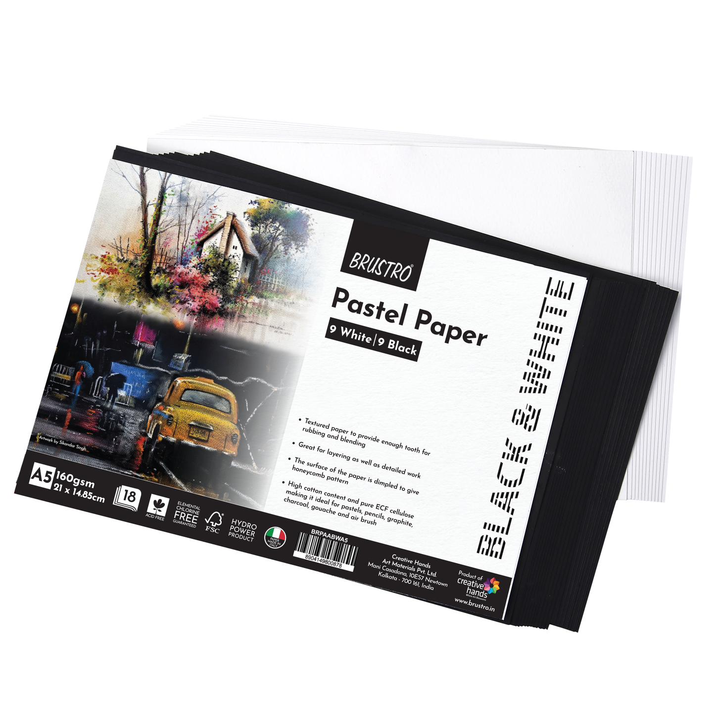 Brustro Artist Pastel Paper - A5, 160 GSM, Set of 18 (9 White+9 Black Sheets) | Ideal for Pastels, Colour Pencil, Graphite, Charcoal, Dry Media.