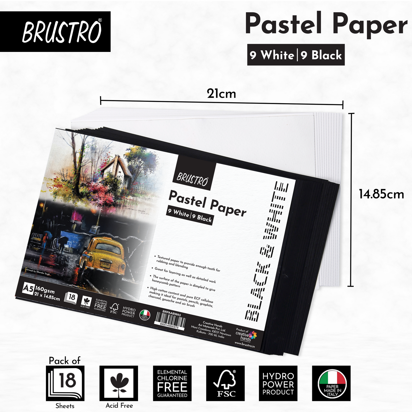 Brustro Artist Pastel Paper - A5, 160 GSM, Set of 18 (9 White+9 Black Sheets) | Ideal for Pastels, Colour Pencil, Graphite, Charcoal, Dry Media.