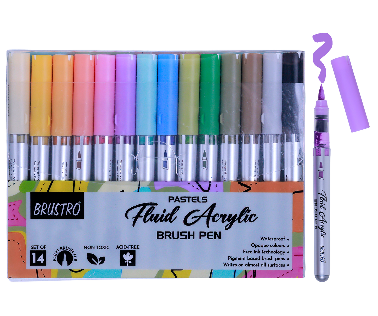 BRUSTRO Fluid Acrylic Brush Pen | Set of 14 Pastel Shades | Waterproof,Opaque Colors,Non-Toxic