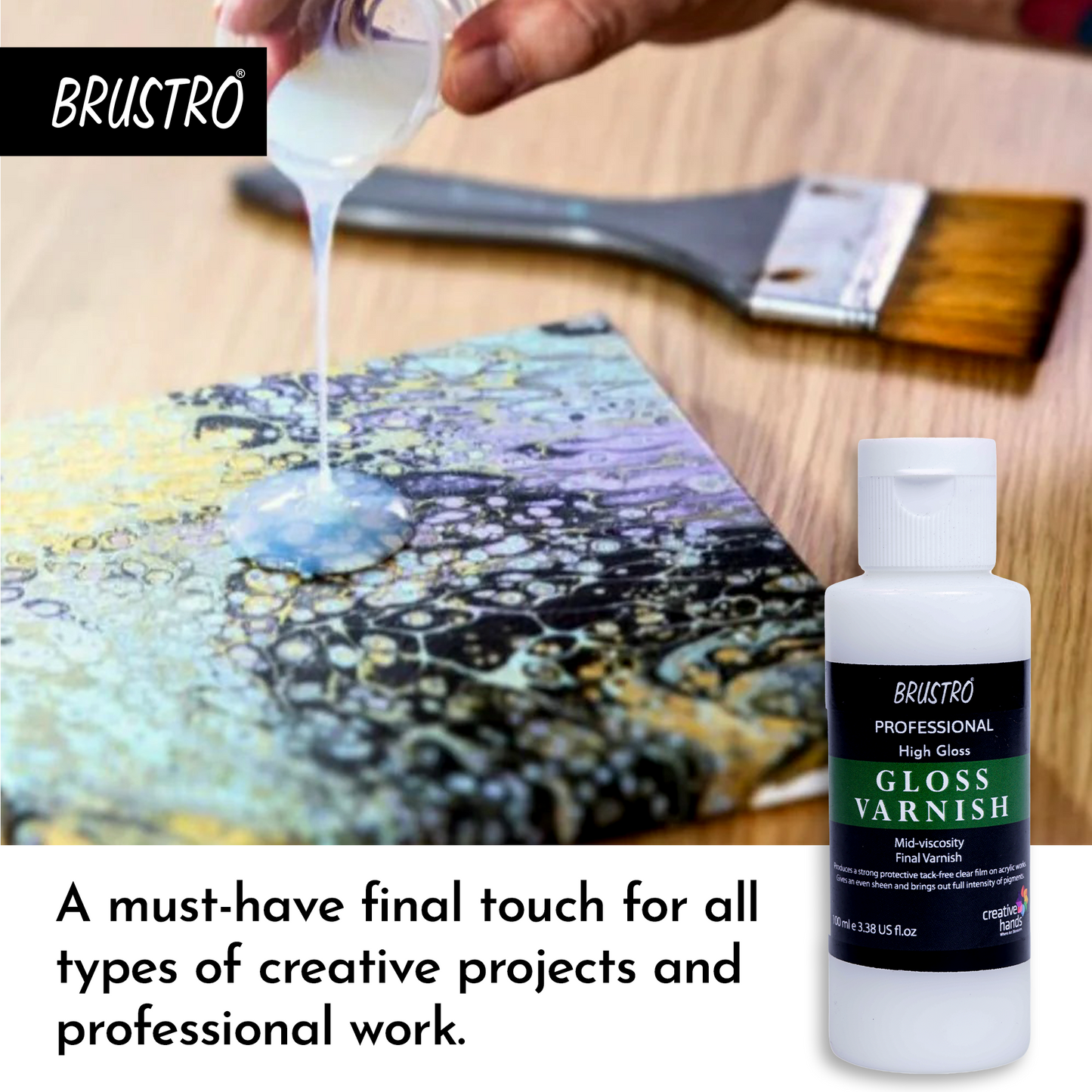 Brustro Professional High Gloss Varnish 100 Ml | Ideal for Coating on Acrylic Painting,Watercolours,Oil Paints,Non-Yellowing,Non Toxic,Transparent,Canvas,Paper, Artwork Protection.