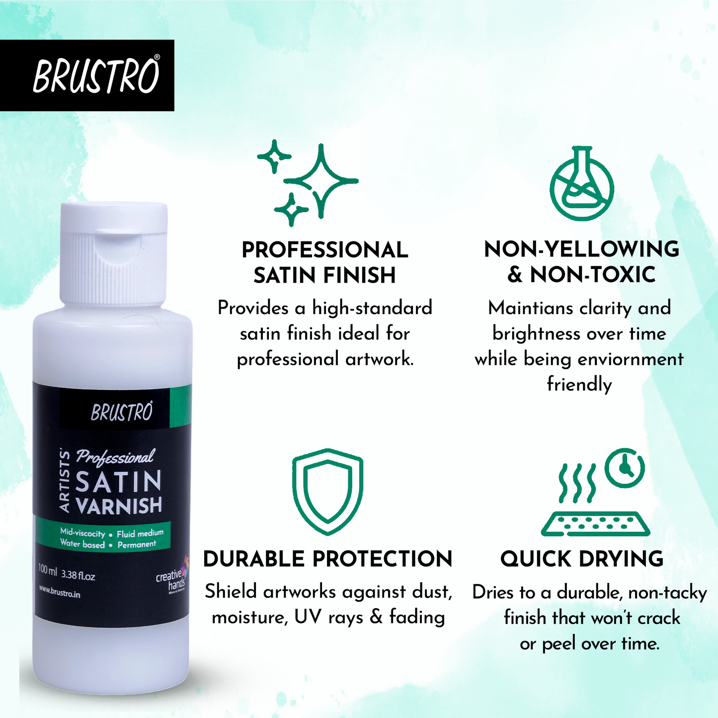 Brustro Artists Professional Liquid Satin Varnish 100 ml | Ideal for Coating on Acrylic Painting,Watercolours,Oil Paints,Non-Yellowing,Non Toxic,Transparent,Canvas,Paper, Artwork Protection.