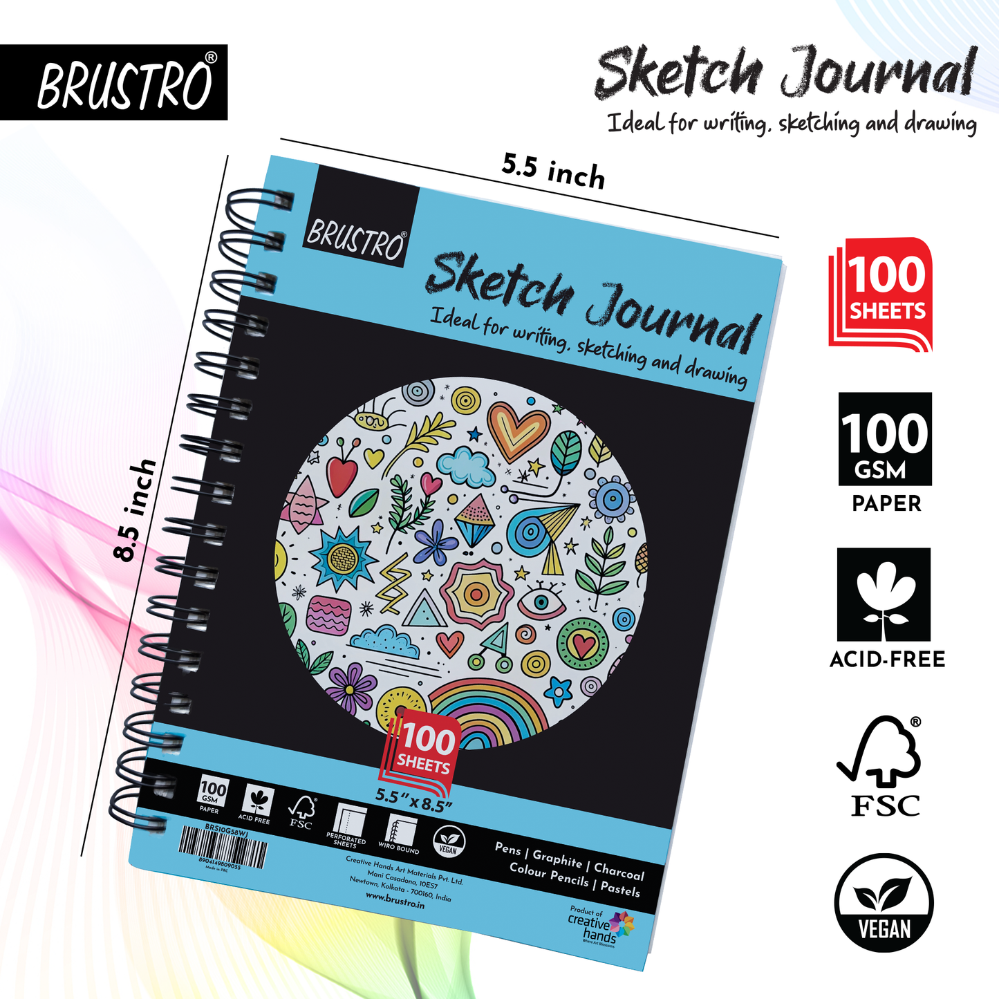 Brustro Sketch Journal (5.5 x 8.5 Inches), 100 Sheets, 100 GSM, Wiro Bound with Perforated Pages | Ideal for Writing, Sketching & Drawing with Pens, Graphite, Charcoal, Pastels & Colour Pencils
