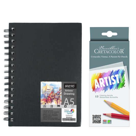 BRUSTRO Artists' Sketch Book Wiro Bound, Size A5 (5.8x8.3 in), 160 GSM, 116 Pages With Cretacolor Artist Studio Colouring Pencils, Set of 12 , Assorted Bright Colours|Ideal for Sketching,Drawing
