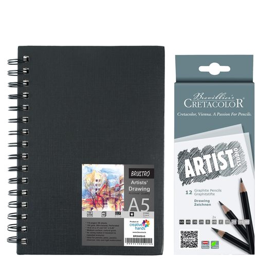 BRUSTRO Artists' Sketch Book Wiro Bound, Size A5 (5.8x8.3 inches), 160 GSM, 116 Pages With Cretacolor Artists Studio Line Graphite Pencil,Set of 12, Black|Ideal for Sketching,Drawing,Shading,Blending