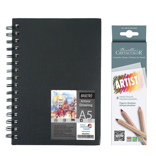 BRUSTRO Artists' Sketch Book Wiro Bound, Size A5 (5.8x8.3 in), 160 GSM, 116 Pages With Cretacolor Artists Studio Line Pastel Pencil Set of 8, Figure Study Basics (Assorted)|Ideal for Sketching,Drawing