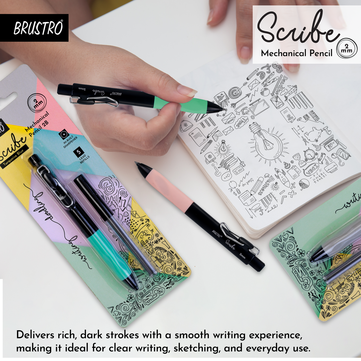 BRUSTRO Scribe Mechanical Pencil 2B | Tip 2MM, Set of 2 (Coral Pink & Sea Green) with Built-in Sharpener and 5 Extra Leads |Ideal For Writing,Sketching,Drawing,Mandala Arts,Schools