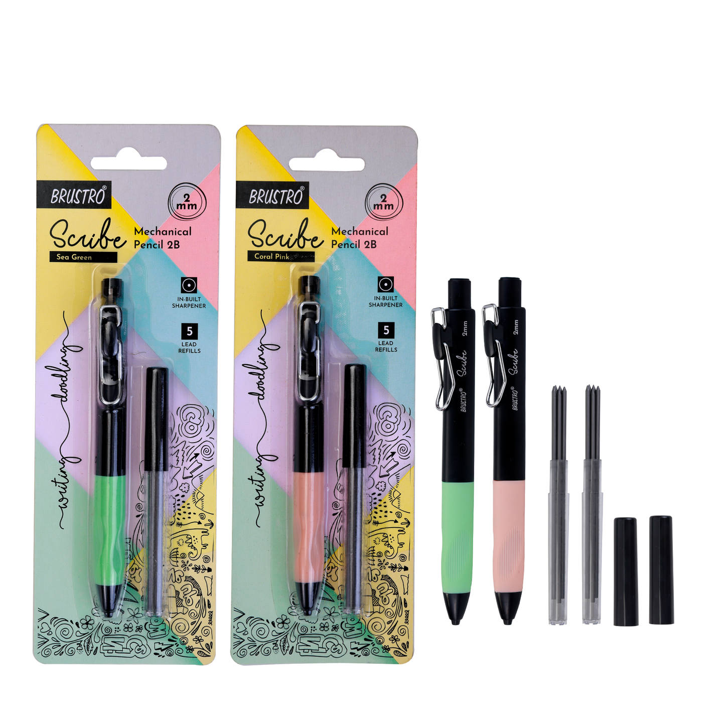 BRUSTRO Scribe Mechanical Pencil 2B | Tip 2MM, Set of 2 (Coral Pink & Sea Green) with Built-in Sharpener and 5 Extra Leads |Ideal For Writing,Sketching,Drawing,Mandala Arts,Schools