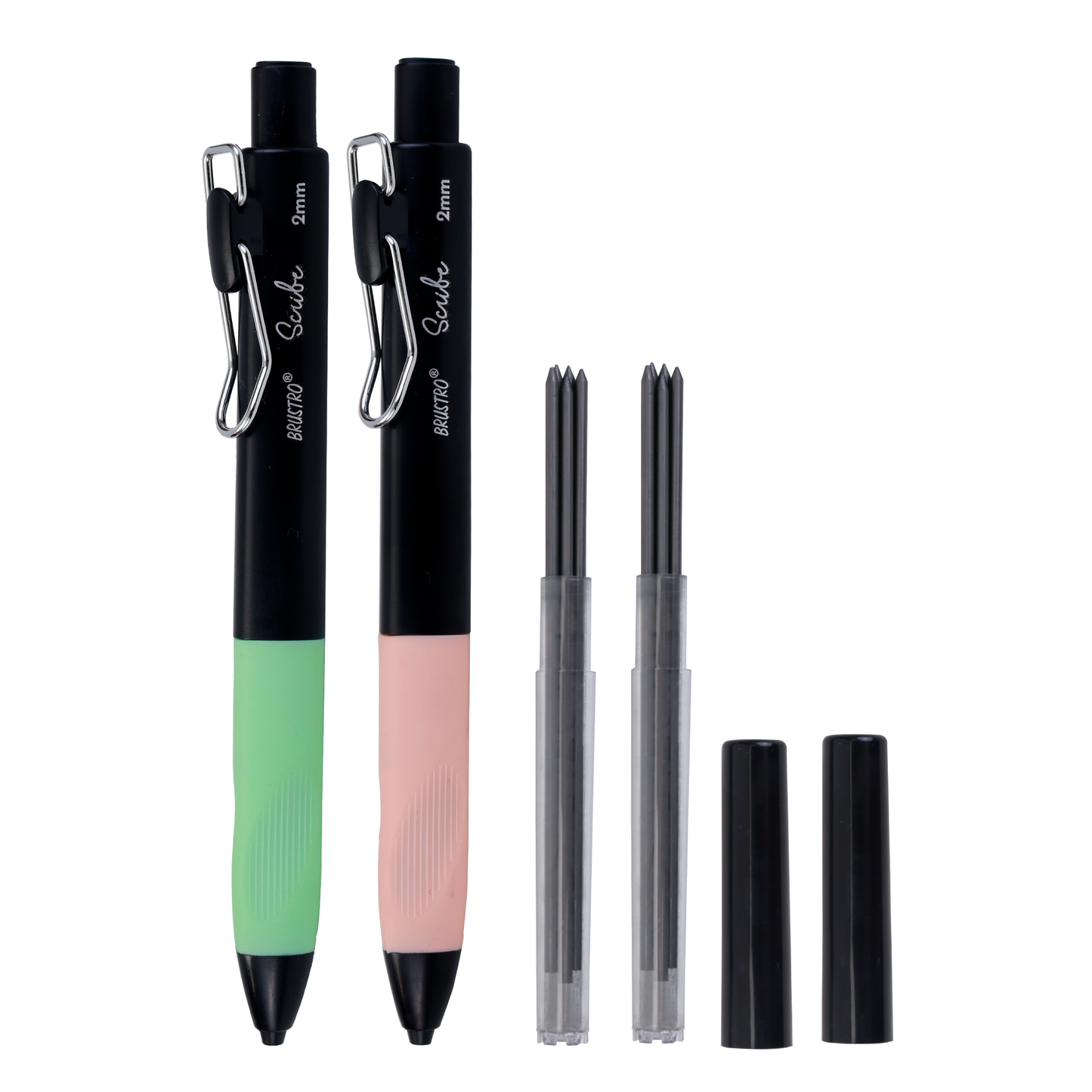 BRUSTRO Scribe Mechanical Pencil 2B | Tip 2MM, Set of 2 (Coral Pink & Sea Green) with Built-in Sharpener and 5 Extra Leads |Ideal For Writing,Sketching,Drawing,Mandala Arts,Schools