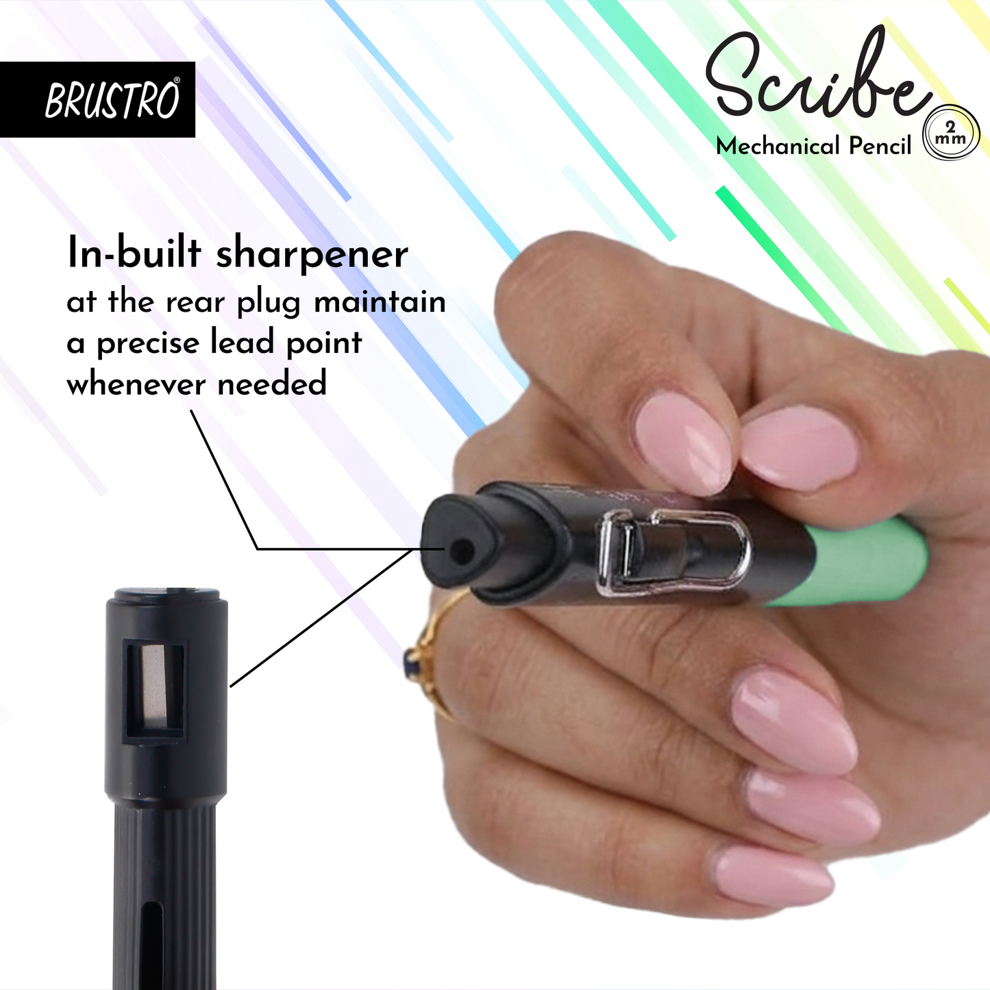 BRUSTRO Scribe Mechanical Pencil 2B | Tip 2MM, Set of 2 (Coral Pink & Sea Green) with Built-in Sharpener and 5 Extra Leads |Ideal For Writing,Sketching,Drawing,Mandala Arts,Schools