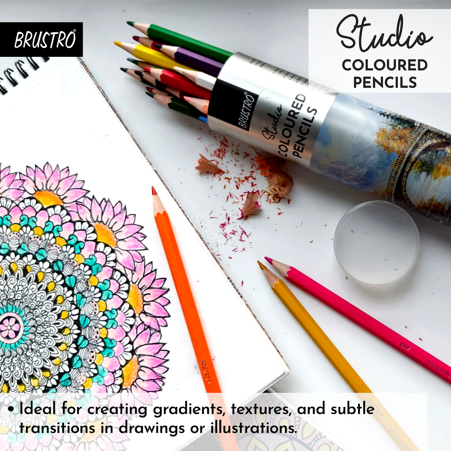 Brustro Studio Colour Pencil Set 24 in a Metal Tube|Break Resistant 3mm Lead,Easy to Blend,High Pigmented,Vibrant Colours,Non-Toxic,Pre-Sharpened|Ideal For Sketching, Drawing, Portrait