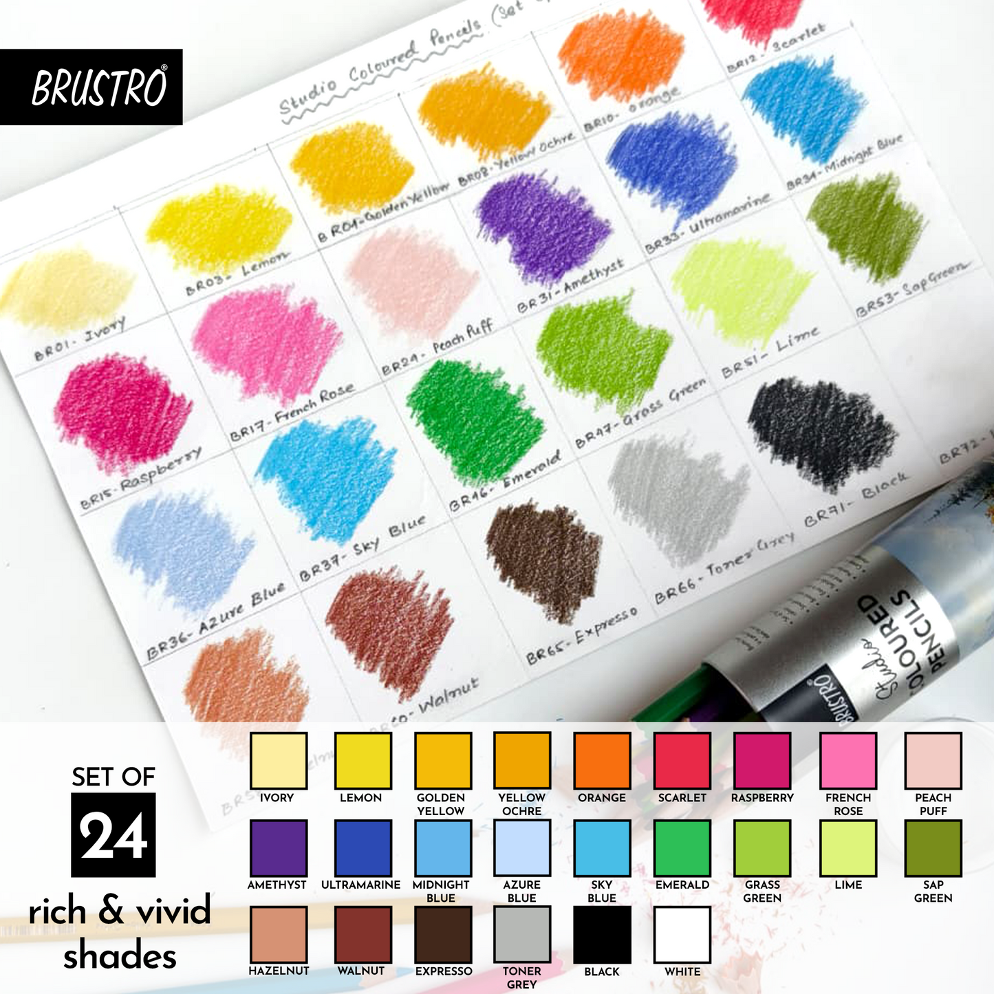 Brustro Studio Colour Pencil Set 24 in a Metal Tube|Break Resistant 3mm Lead,Easy to Blend,High Pigmented,Vibrant Colours,Non-Toxic,Pre-Sharpened|Ideal For Sketching, Drawing, Portrait