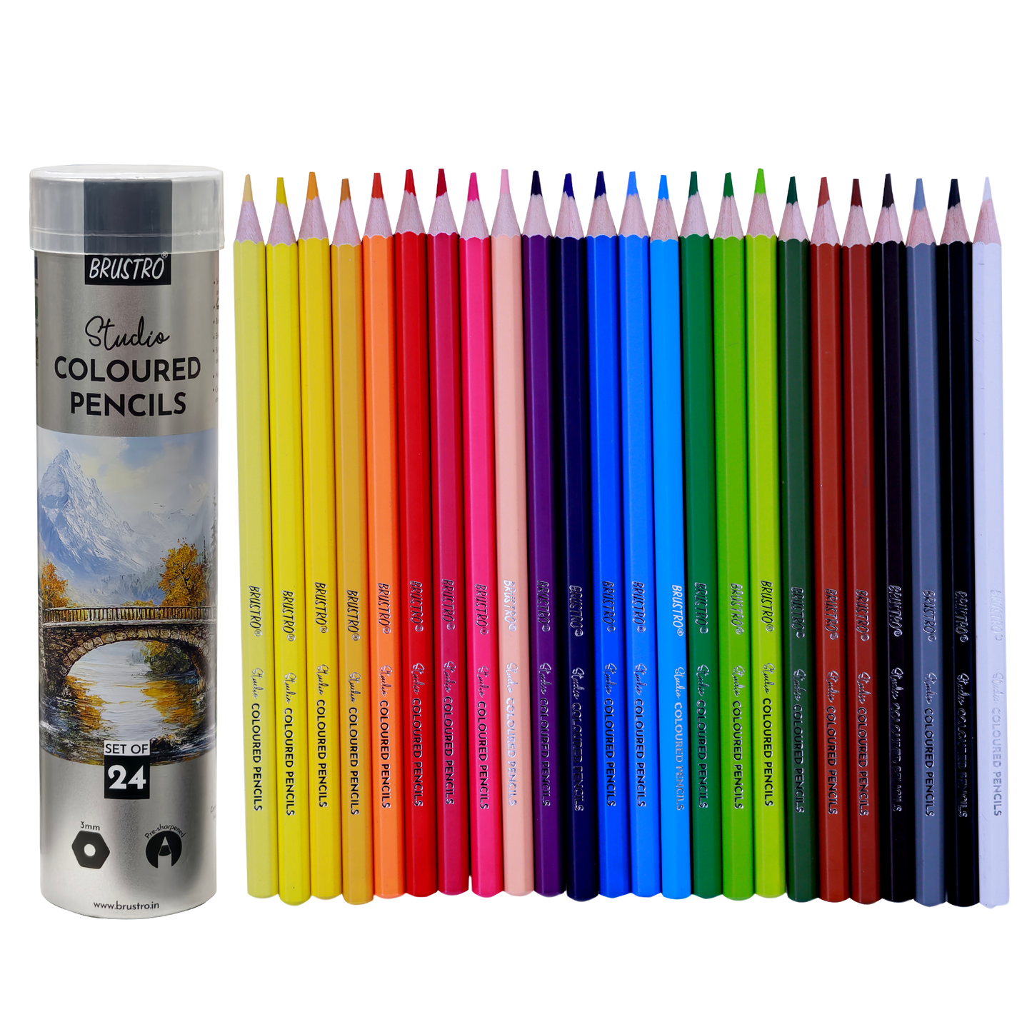Brustro Studio Colour Pencil Set 24 in a Metal Tube|Break Resistant 3mm Lead,Easy to Blend,High Pigmented,Vibrant Colours,Non-Toxic,Pre-Sharpened|Ideal For Sketching, Drawing, Portrait