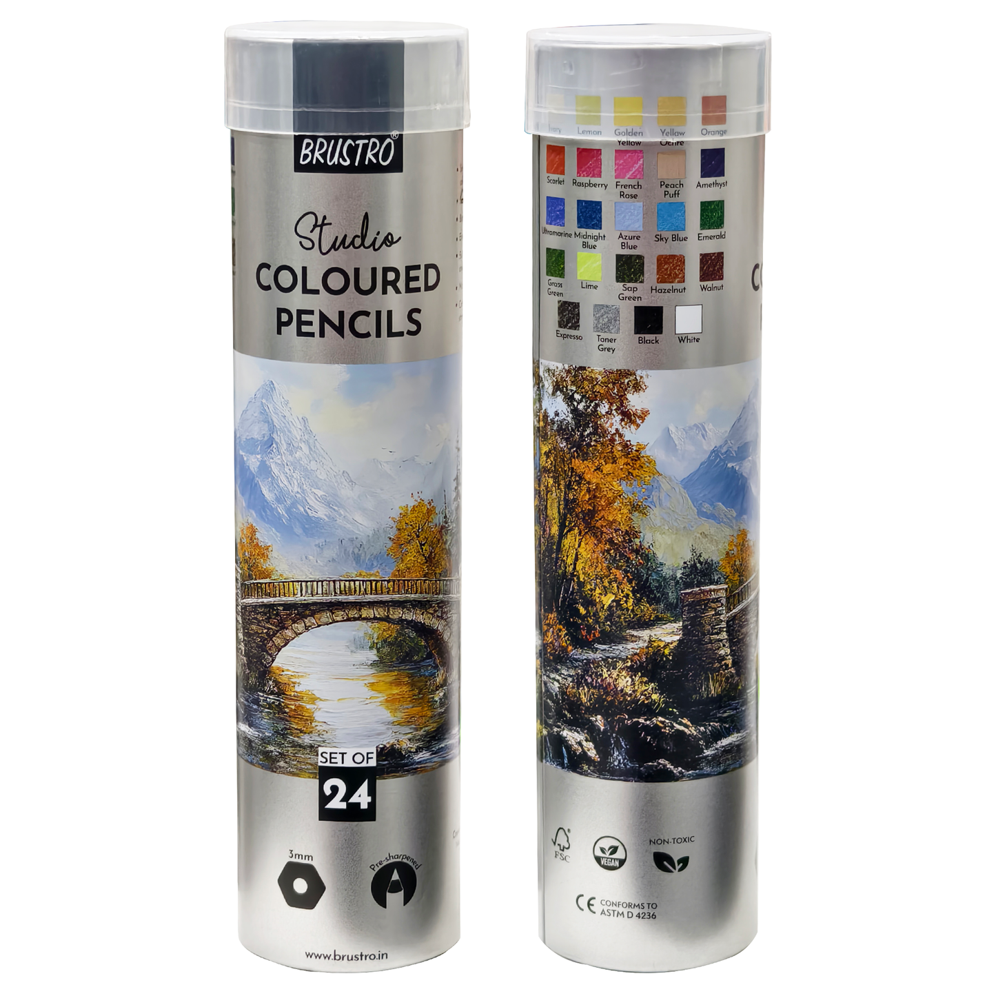 Brustro Studio Colour Pencil Set 24 in a Metal Tube|Break Resistant 3mm Lead,Easy to Blend,High Pigmented,Vibrant Colours,Non-Toxic,Pre-Sharpened|Ideal For Sketching, Drawing, Portrait