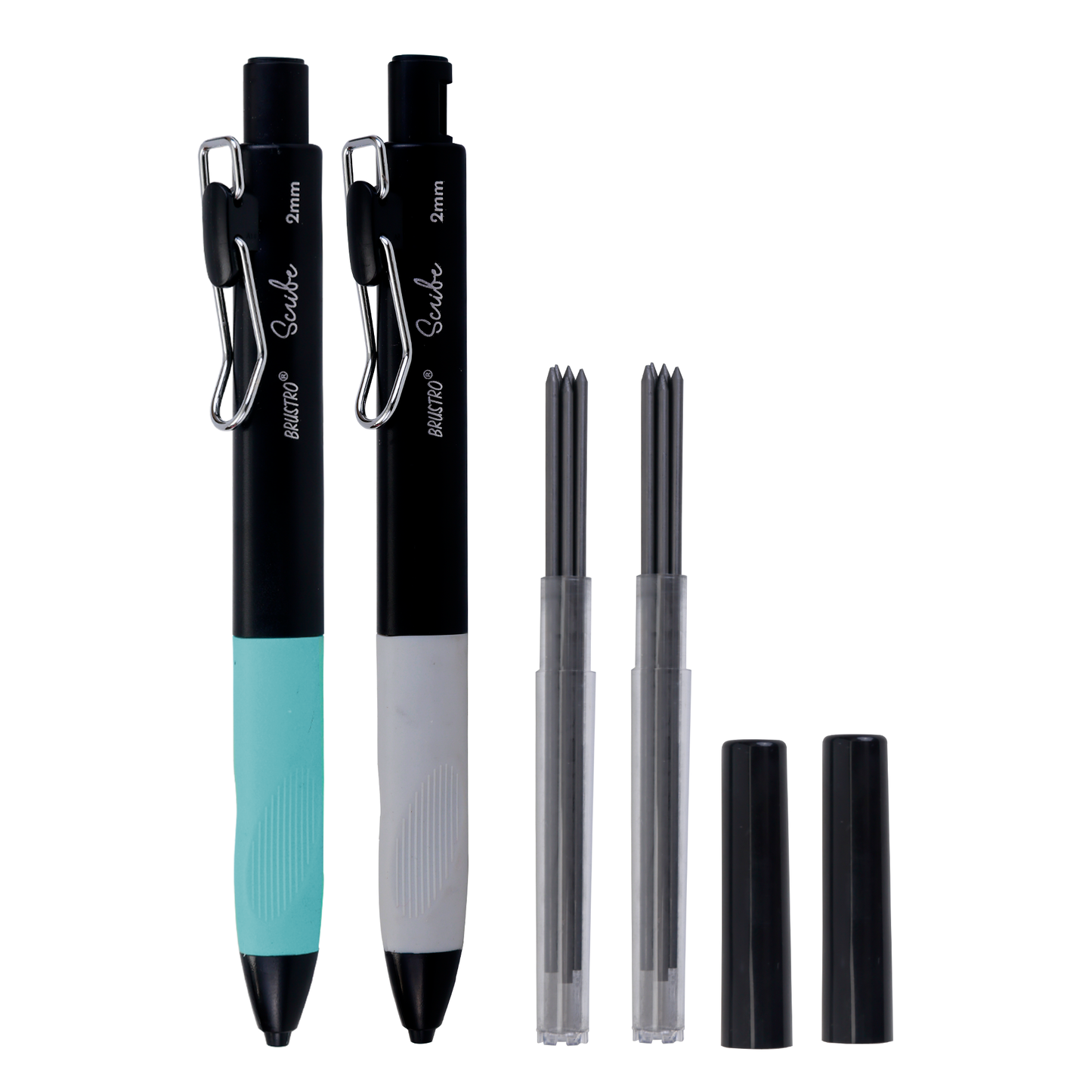 BRUSTRO Scribe Mechanical Pencil 2B | Tip 2MM, Set of 2 (Smoke Grey & Turquoise Blue) with Built-in Sharpener and 5 Extra Leads |Ideal For Writing,Sketching,Drawing,Mandala Arts,Schools