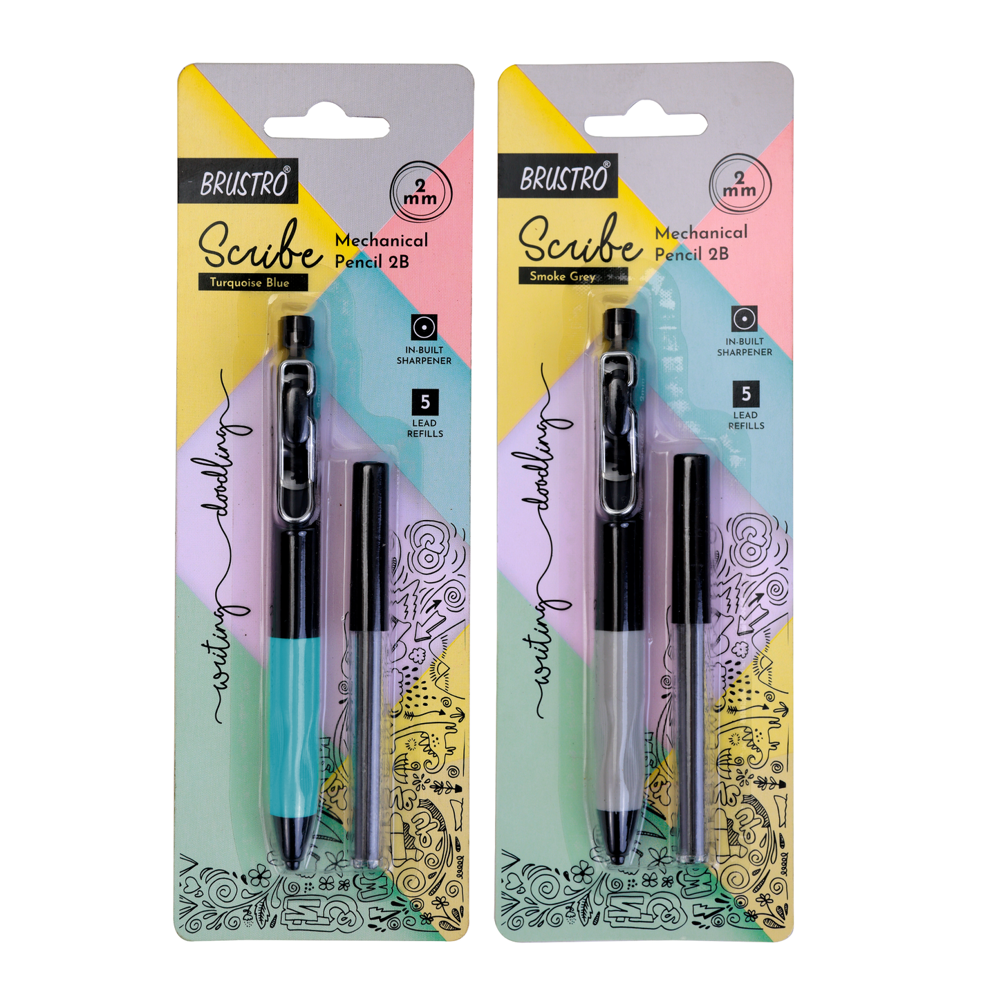 BRUSTRO Scribe Mechanical Pencil 2B | Tip 2MM, Set of 2 (Smoke Grey & Turquoise Blue) with Built-in Sharpener and 5 Extra Leads |Ideal For Writing,Sketching,Drawing,Mandala Arts,Schools