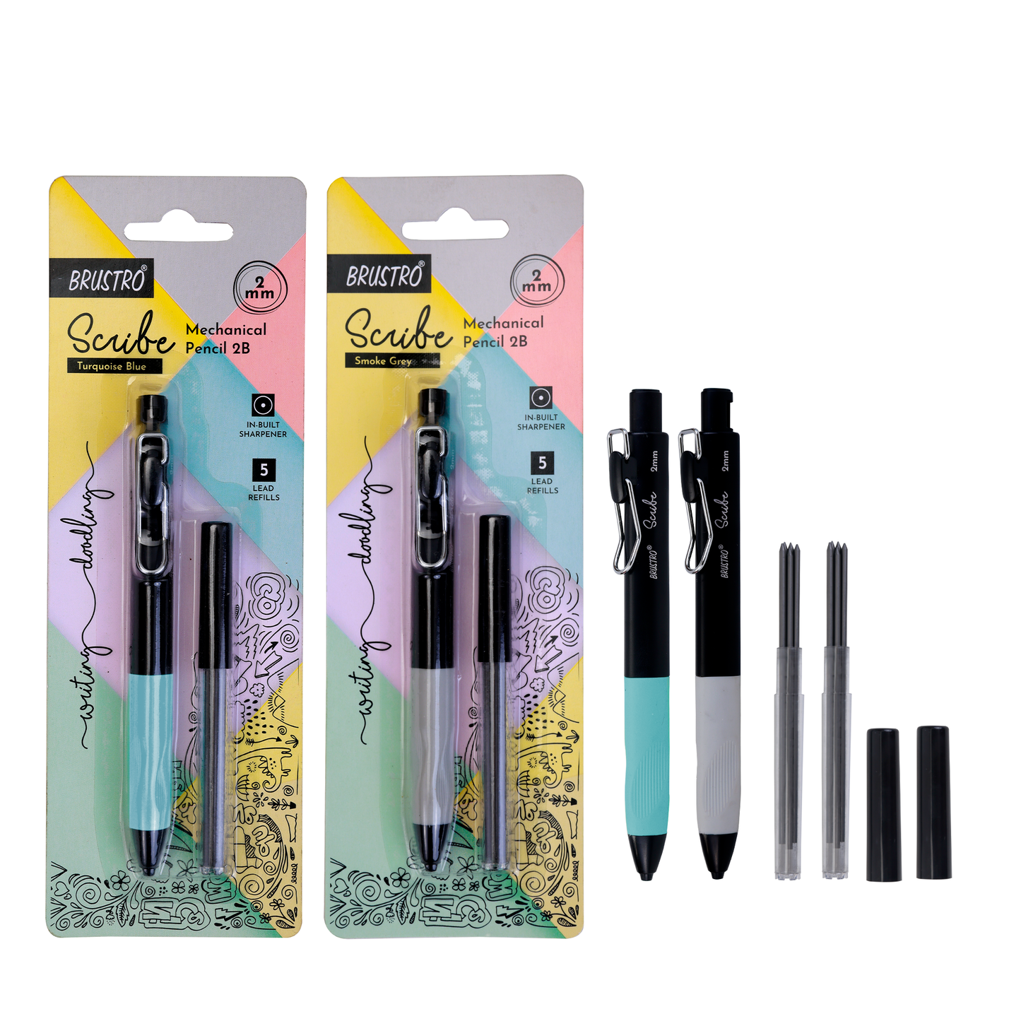 BRUSTRO Scribe Mechanical Pencil 2B | Tip 2MM, Set of 2 (Smoke Grey & Turquoise Blue) with Built-in Sharpener and 5 Extra Leads |Ideal For Writing,Sketching,Drawing,Mandala Arts,Schools