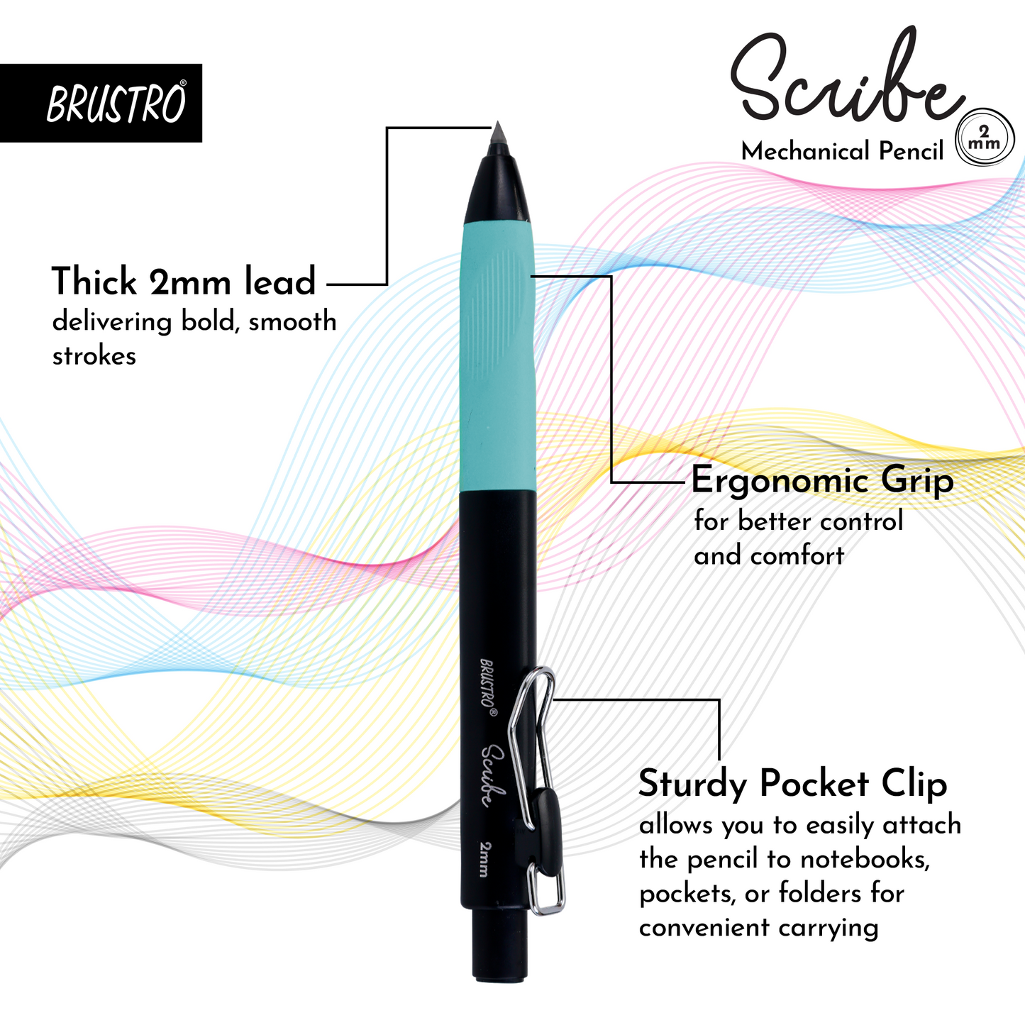 BRUSTRO Scribe Mechanical Pencil 2B | Tip 2MM, Set of 2 (Smoke Grey & Turquoise Blue) with Built-in Sharpener and 5 Extra Leads |Ideal For Writing,Sketching,Drawing,Mandala Arts,Schools