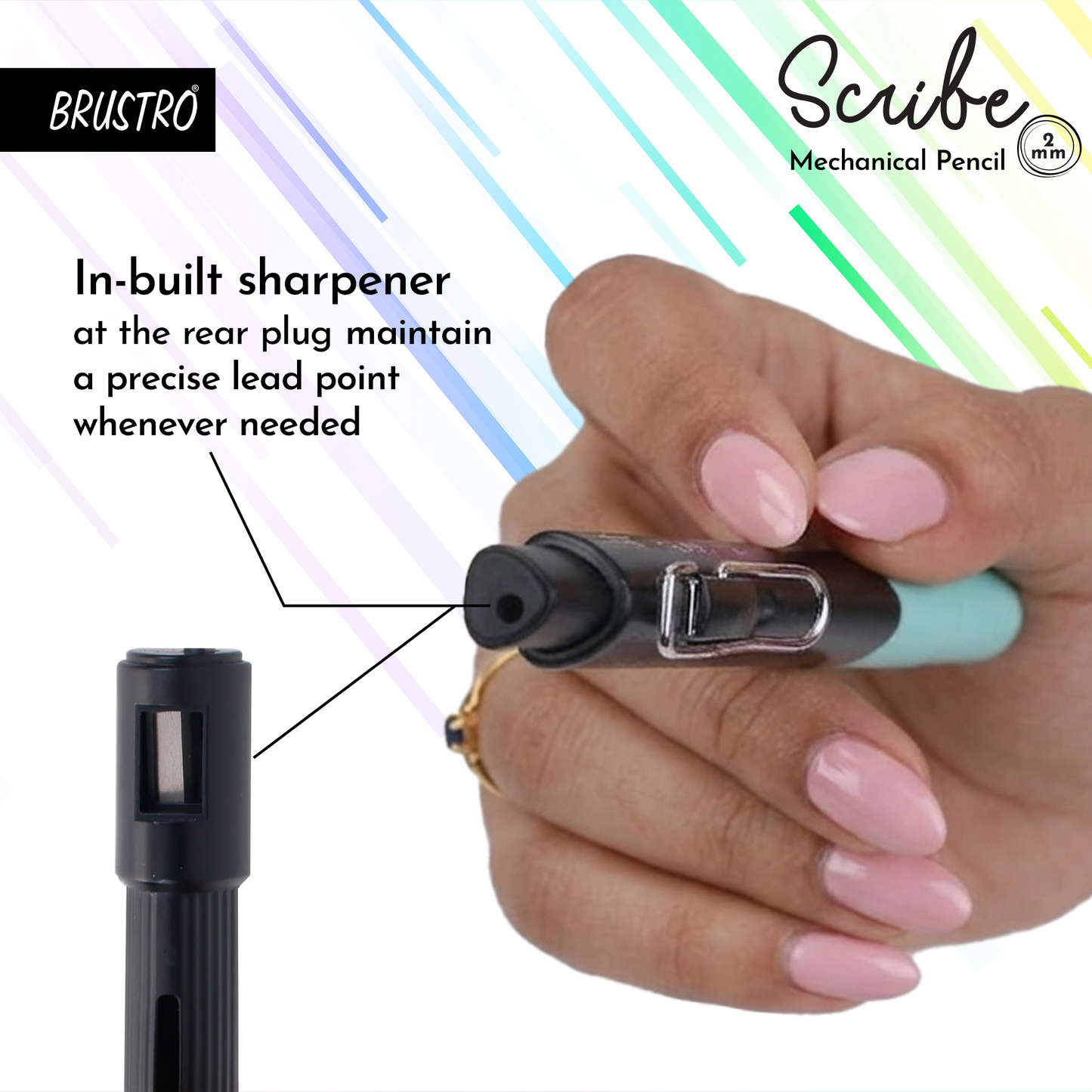 BRUSTRO Scribe Mechanical Pencil 2B | Tip 2MM, Set of 2 (Smoke Grey & Turquoise Blue) with Built-in Sharpener and 5 Extra Leads |Ideal For Writing,Sketching,Drawing,Mandala Arts,Schools