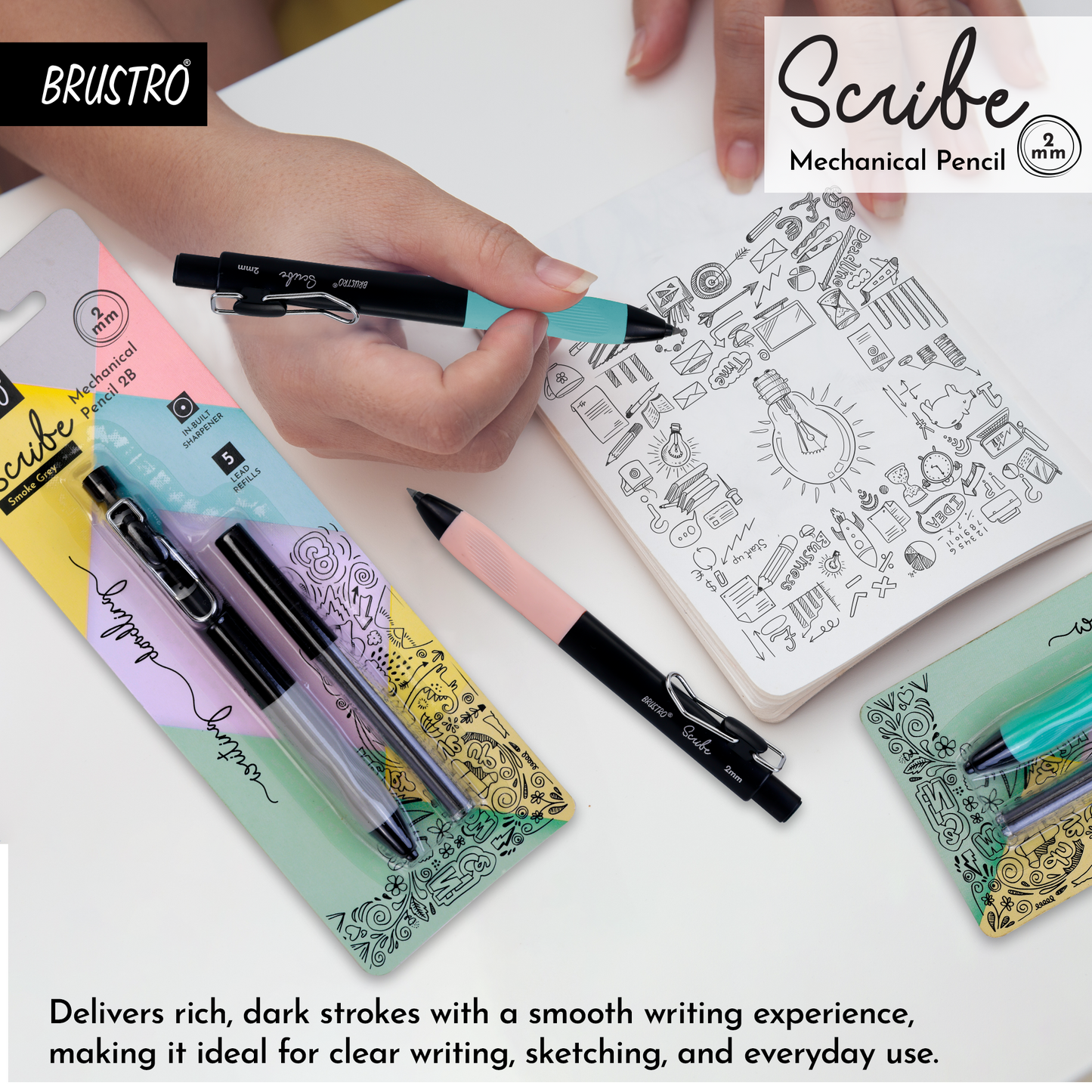 BRUSTRO Scribe Mechanical Pencil 2B | Tip 2MM, Set of 2 (Smoke Grey & Turquoise Blue) with Built-in Sharpener and 5 Extra Leads |Ideal For Writing,Sketching,Drawing,Mandala Arts,Schools