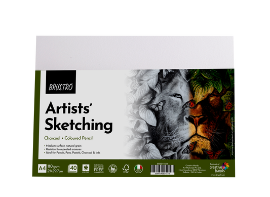 Brustro Artists Sketching Paper | 110 GSM, A4 Size, Pack of 40 Sheets | Medium Surface, Natural Grain, Chlorine Free, Ideal For Pencil, Drawing, Charcoal, Art, Pen, Pastel, Ink.