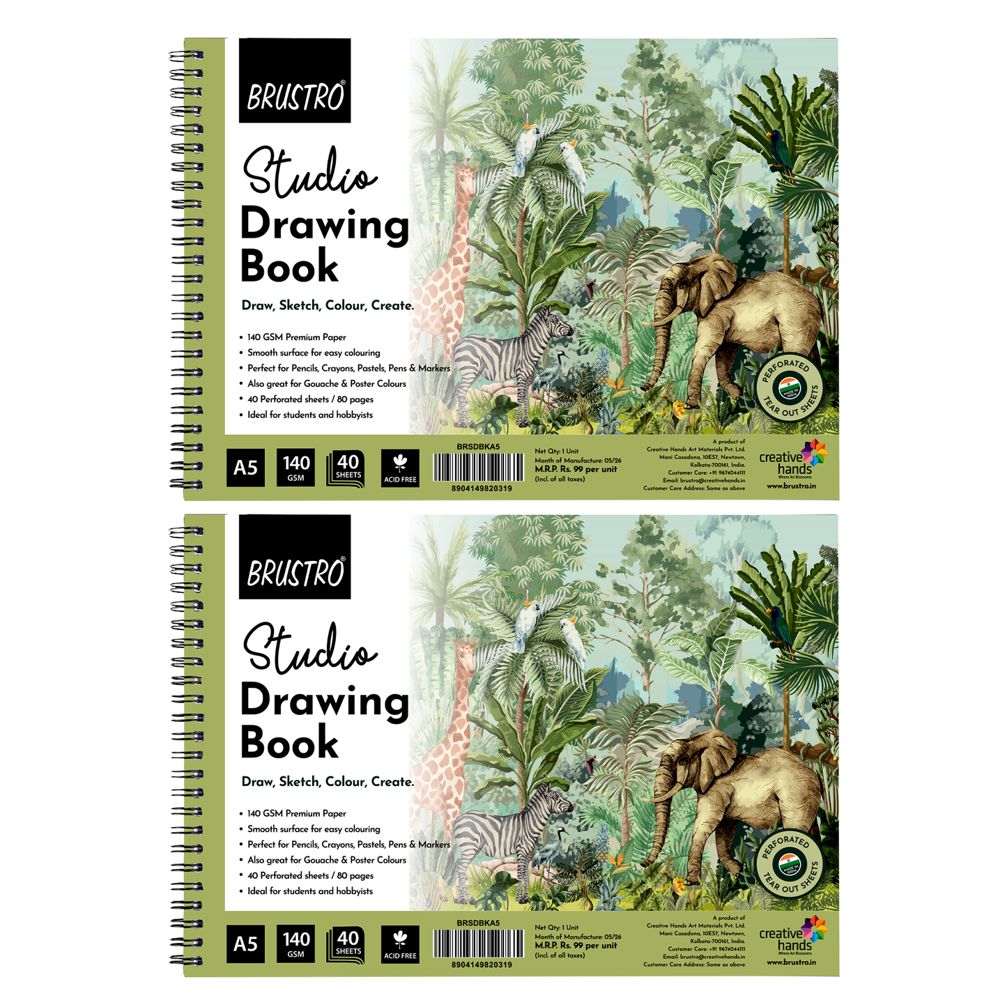 BRUSTRO Studio Drawing Book, Blank 80 Pages, Wiro Bound, A5 (5.8x8.3 inches), 140 GSM, Perforated Sheets (Pack of 2)| Drawing,Sketching,Shading With Colour Pencils,Crayons for Students,Hobbyists