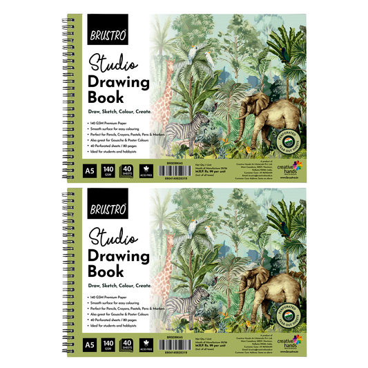 BRUSTRO Studio Drawing Book, Blank 80 Pages, Wiro Bound, A5 (5.8x8.3 inches), 140 GSM, Perforated Sheets (Pack of 2)| Drawing,Sketching,Shading With Colour Pencils,Crayons for Students,Hobbyists