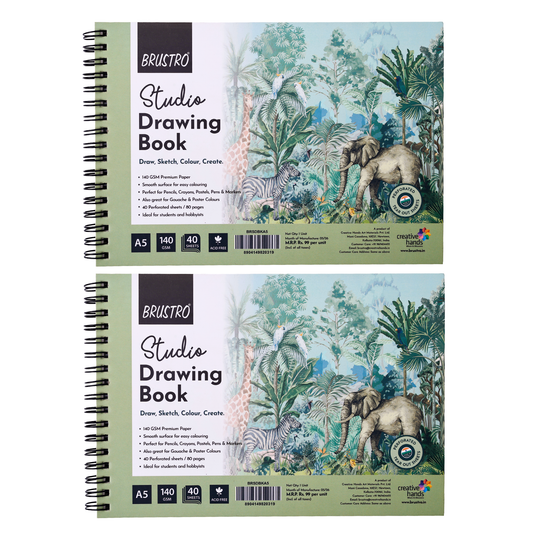 BRUSTRO Studio Drawing Book, Blank 80 Pages, Wiro Bound, A5 (5.8x8.3 inches), 140 GSM, Perforated Sheets (Pack of 2)| Drawing,Sketching,Shading With Colour Pencils,Crayons for Students,Hobbyists