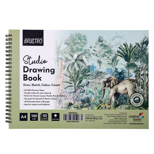 BRUSTRO Studio Drawing Book, Blank 80 Pages, Wiro Bound, A4 (8.3x11.7 inches), 140 GSM, Perforated Sheets, Acid-Free Paper| Drawing,Sketching,Shading With Colour Pencils,Crayons for Students,Hobbyists